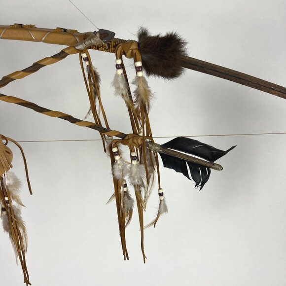 Chief Cross Bow Native American Wall Hanging Decor with Deerskin & Feathers - Picture 3 of 16